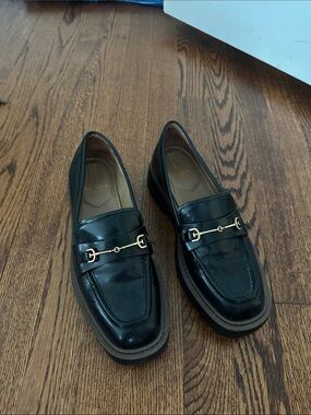 Sam Edelman Black Leather Women's Bit Loafers with Gold Hardware